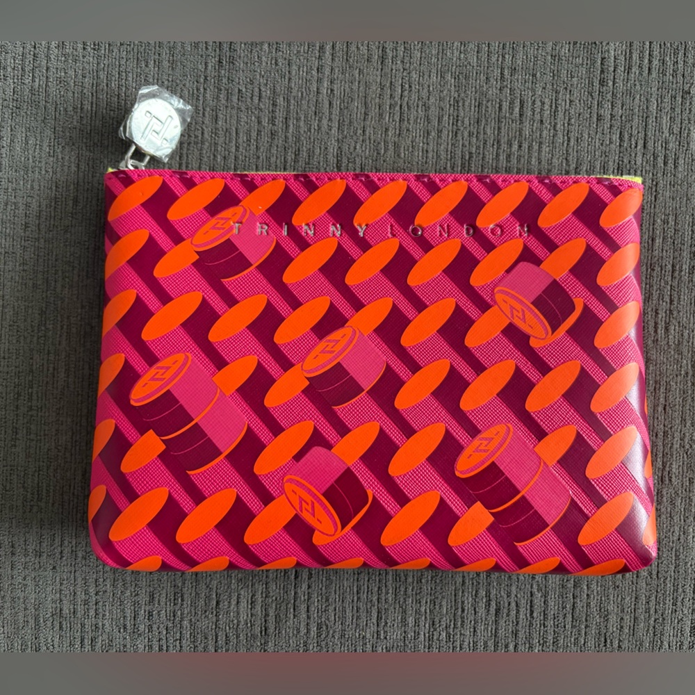 Trinny London Pink and Orange Cosmetic Bag with Geometric Design - NWOT